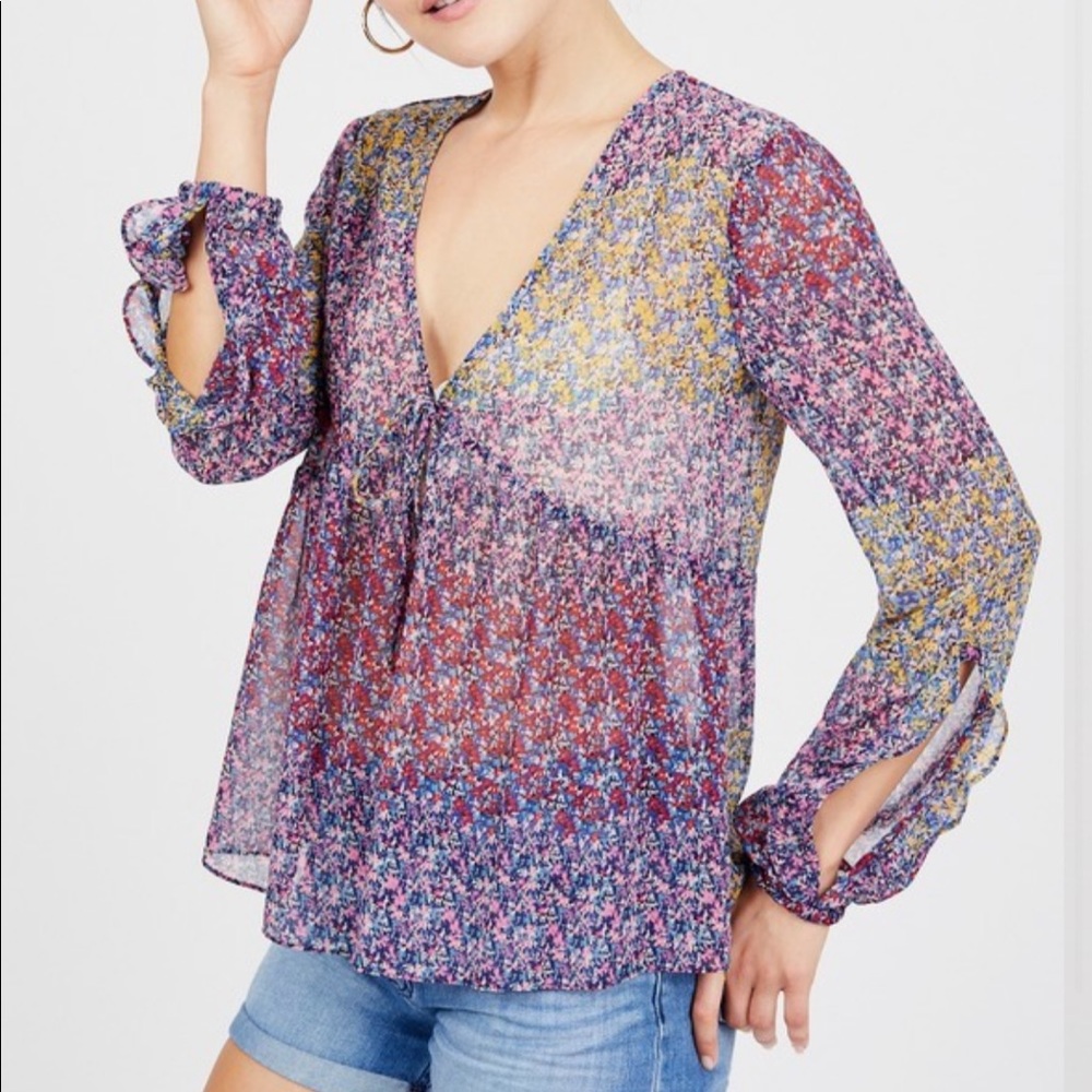 BCBGeneration Floral Sheer Peasant Blouse